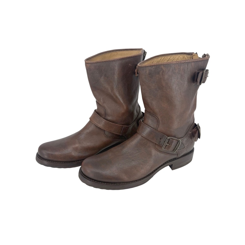 Frye Veronica Back Zip Moto Engineer Boots Womens 9B Short Brown Leather